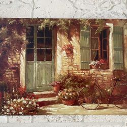 Large Hand-Painted Tuscan Canvas – Bicycle, Flowers & Shutters (36x24)