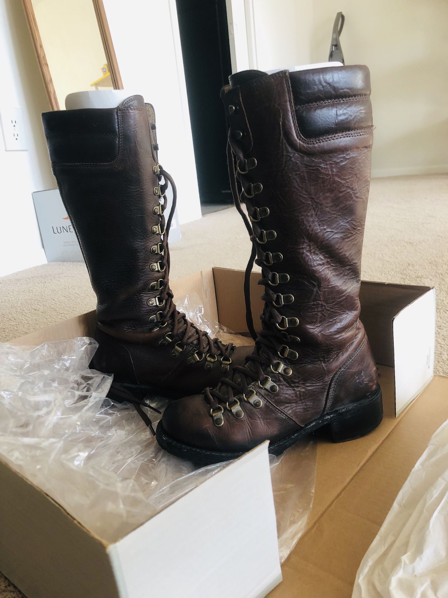 Frye tall lace zip up combat boot, size 6