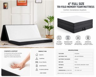 4” Full Size Tri-Fold Memory Foam Mattress – New – Foldable Guest Bed