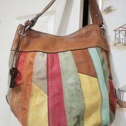 FOSSILS VINTANGE LEATHER/SUEDE MULTICOLORED SHOULDER HANDBAG.