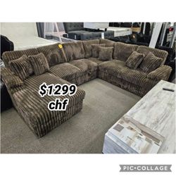 Chocolate LEFT HAND FACING Chaise Storage Corduroy Fabric Upholstered U-Shaped Sectional Sofa with Pull Out Bed and 6 Throw Pillows.