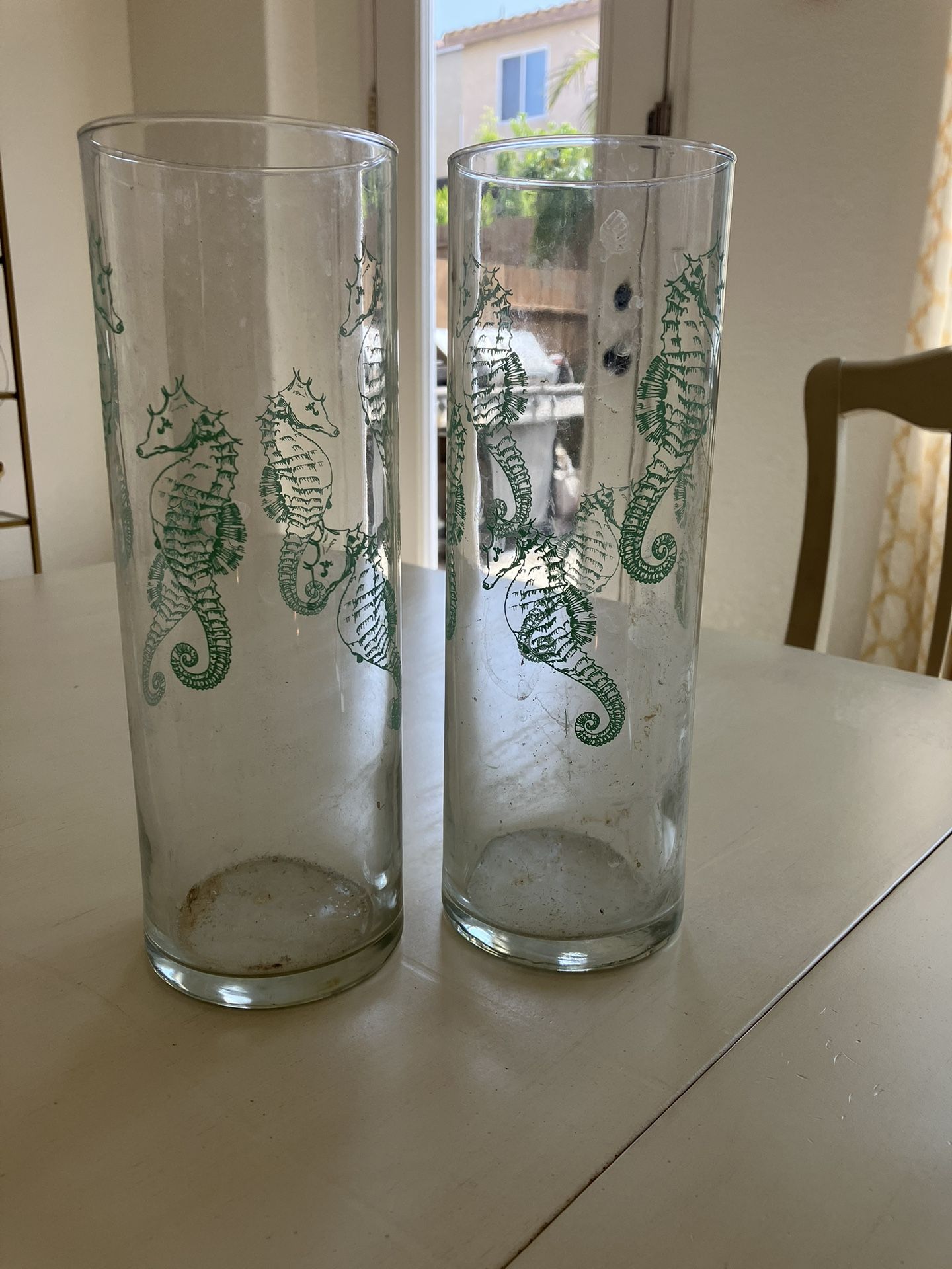 2 Vases Blue Green Seahorse Motif