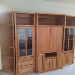 Oak Entertainment Center Wall Unit Bookshelves 