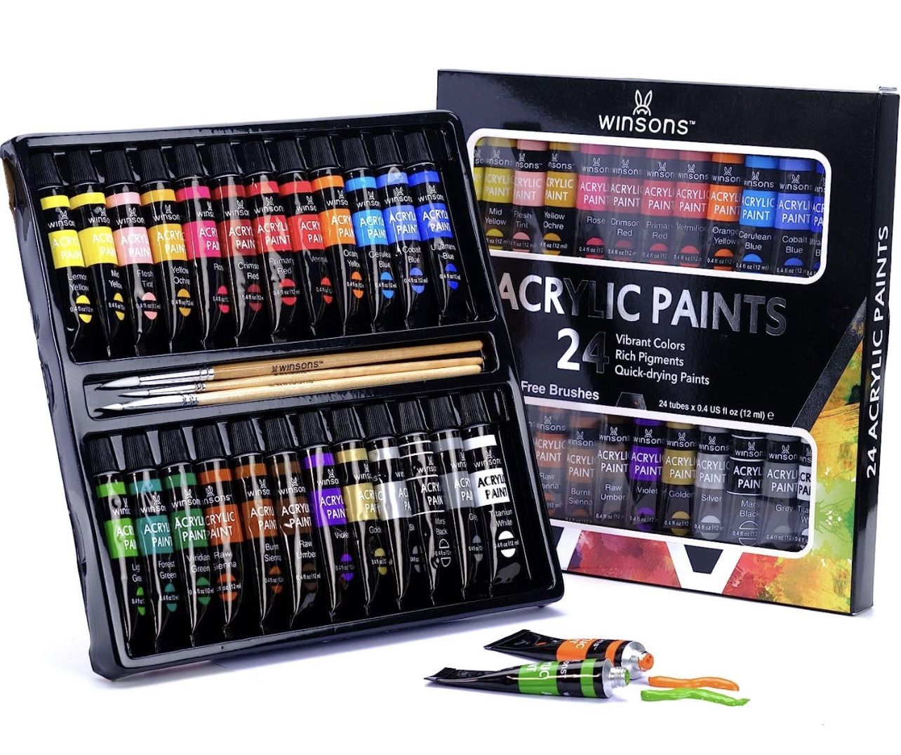 Acrylic Paint Set 24 Colors Pack of 12mL and 3 Brushes Art Supplies Painting for Canvas, Fabric, Plastic, Clay Craft Paint for Kids Beginners Adults. 