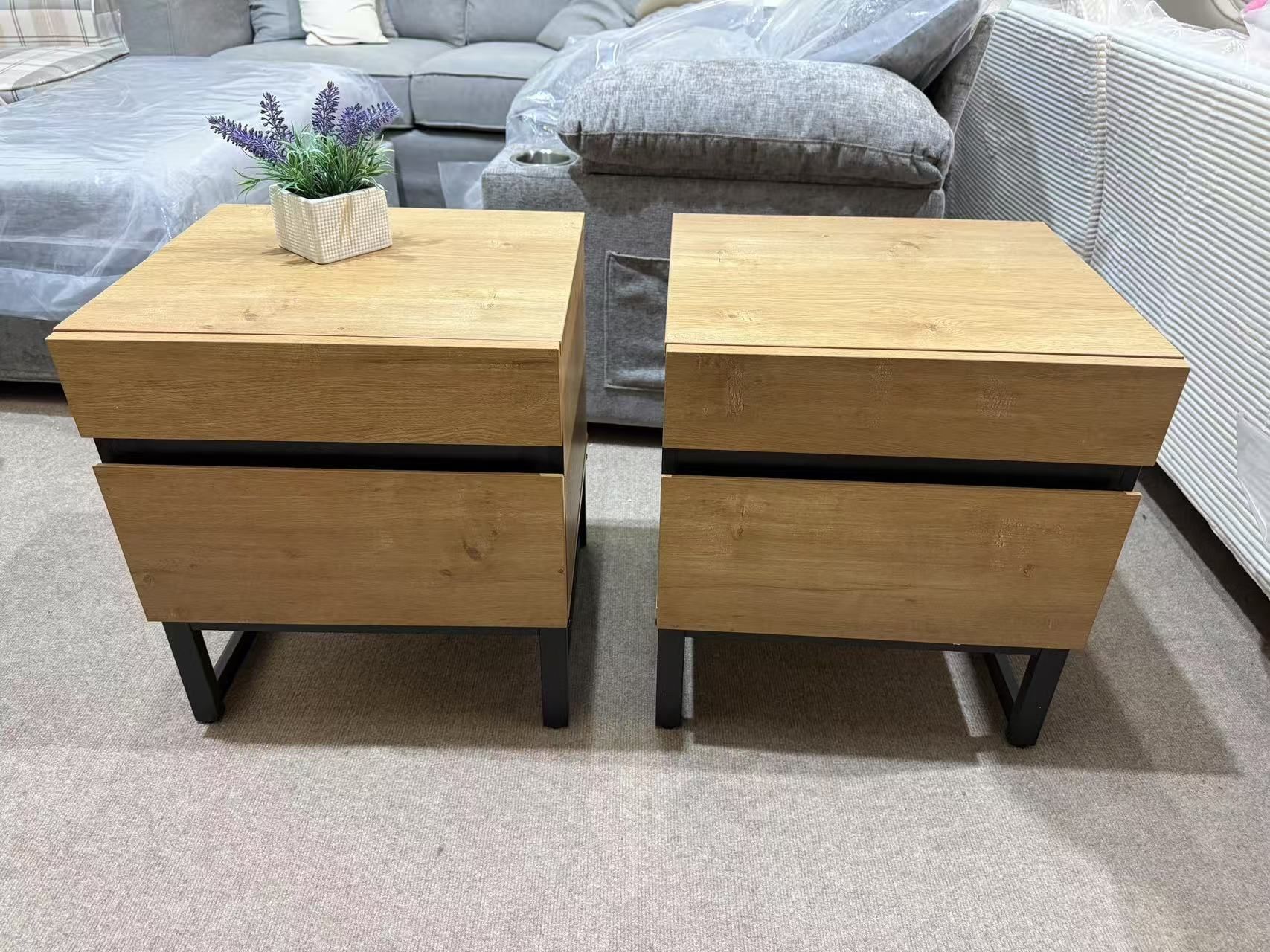 2 Pack Modern End Table with 2 Drawers, Farmhouse Sofa Table with Black Square Iron Leg, Wood Rustic Side End Table for Living Room, Nighstand for Bed