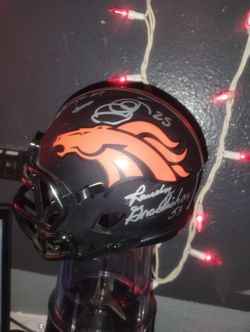 Denver Broncos Autographed Mini Helmet #53 Randy Gradishar, #25 Chris Harris Jr, #14 Courtland Sutton, #69 Mark Shlereth and 2 other unknowns