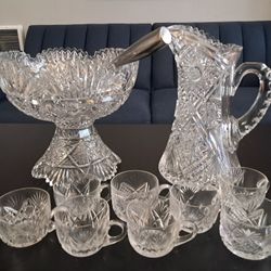 Crystal Set. Bowl, Pitcher,  Cups +Serving Spoon