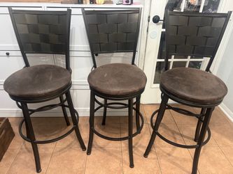 Set of 3 Swivel Counter Height Bar Stools – Metal Frame & Brown Cushioned Seats