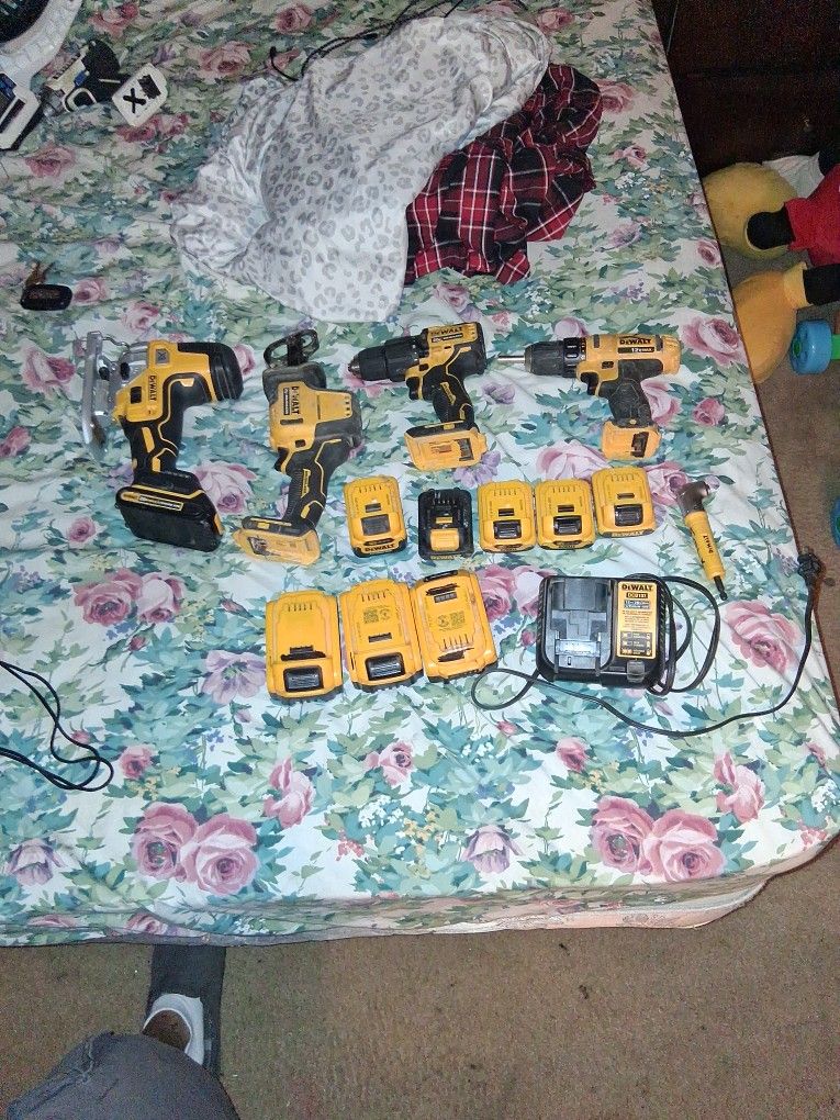 Dealt Jig Saw 30$ Sawzaw 30$ 20 Volt Drill 25$ 12 Volt Drill 20 $ Batterry Charger 35 $ 5 12 Volt Batteries 10 $ Apiece 3 Double Stack 20 Volt Batte$ 