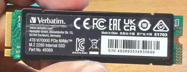 Verbatim Vi7000G 4TB M.2 NVMe Internal Solid State Drive With Heatsink