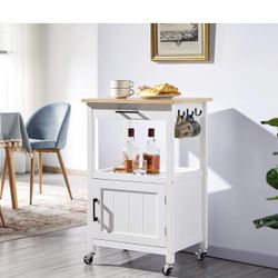 Rolling Kitchen Island with Single Door Cabinet, Kitchen Cart with Drawer on Swivel Wheels, Small Coffee Cart Microwave Stand with 3 Side Hooks for Di