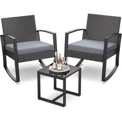 3 Pieces Patio Furniture Set Rocking Bistro Set Outdoor Rattan Conversation with Coffee Table for Garden Balcony Backyard Poolside (Grey Cushion)