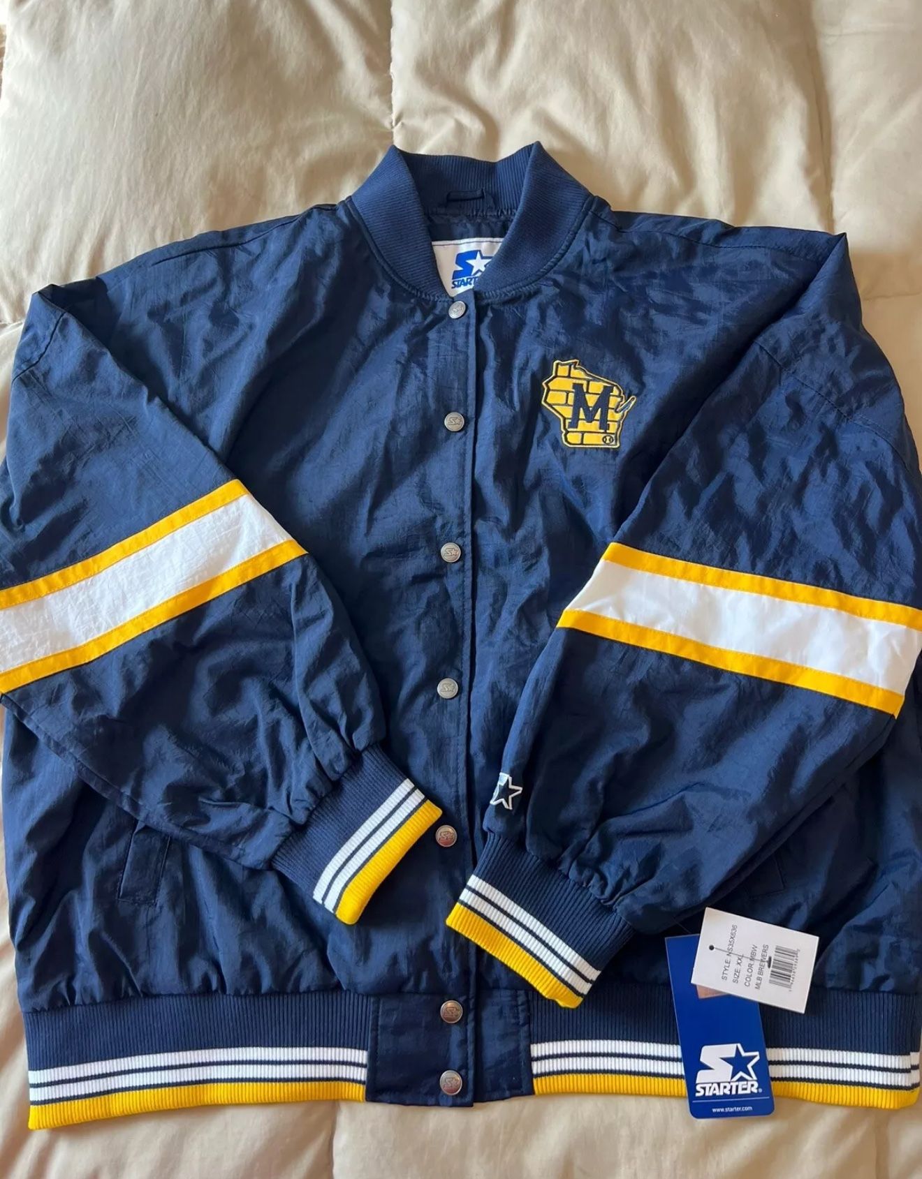 NWT Men’s 2XL Full Snap Lined Starter Jacket MLB Milwaukee Brewers Blue Yellow