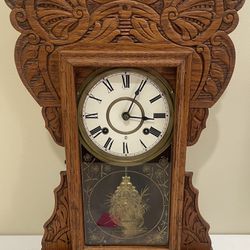 Antique Sessions Gingerbread Mantle Kitchen Parlor Gong Chime Clock Oak 8 Day