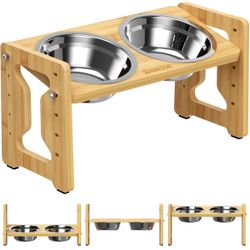 Elevated Dog Bowls - Adjustable Raised Dog Bowl Stand with 2 Stainless Steel Dog Food Bowls - Non-slip Dog Feeder for small dogs and cats, 4 Tilt and 