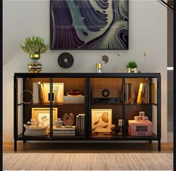 Storage Cabinet with 3-Color LED Lights, Glass Shelves & 4 Compartments
