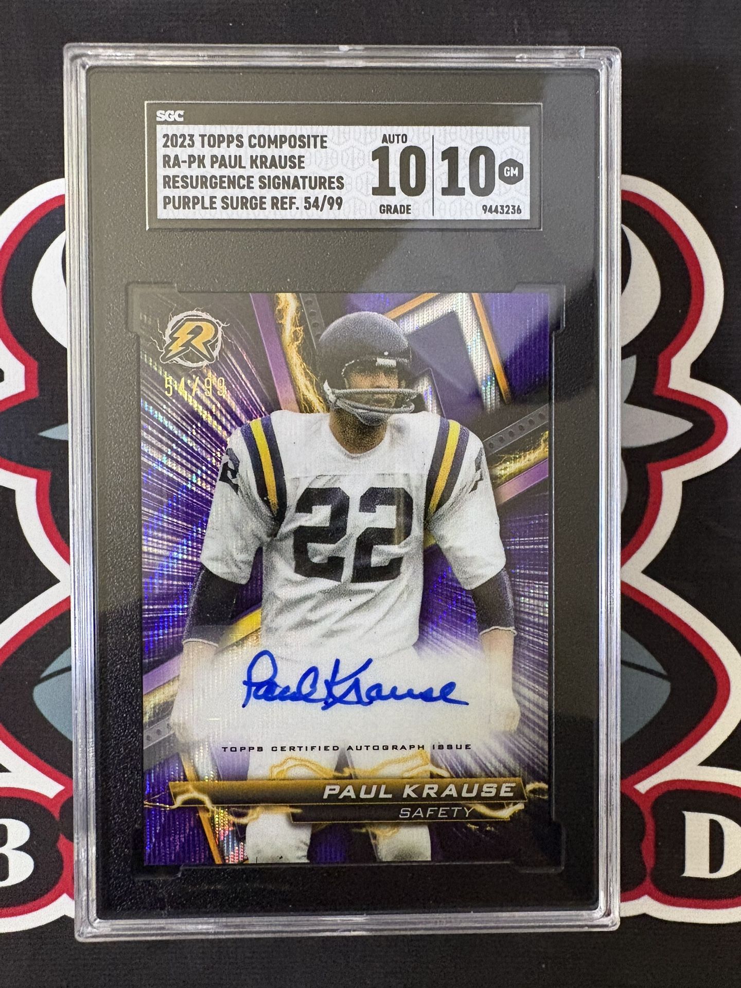 2023 Topps Composite Paul Krause Resurgence Signatures Purple Surge REF. 54/99 SGC 10/10