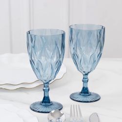 Pack Diamond Cut Vintage Plastic Wine Goblets – Dusty Blue 11oz Embossed Reusable Drink & Cocktail Glasses