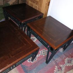 Set Of End Tables And Coffee Table. Could Use A Some Refinishing. Real Wood. Metal Legs. Make Offer