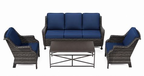 New 4-Piece Wicker Outdoor Patio Furniture Set with Blue Cushions & Coffee Table