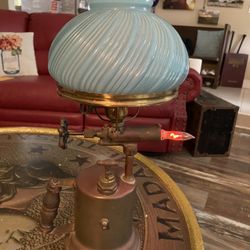 Vintage Blow Torch Table Lamp 1930-40’s Blue Vintage Glass Shade And Flickering Torch Light!  $160. OBO
