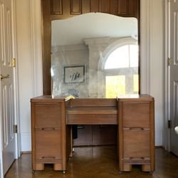 Dressing Table - Antique 1930s/1940s Art Deco Waterfall Vanity w/ Original Mirror