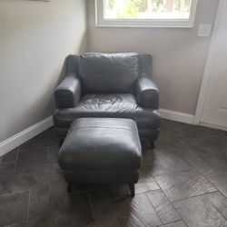 Large Grey Leater Chair And Ottoman 