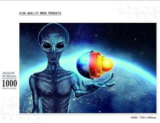 Alien humonoid Holds a Hologram of The Globe UFO - 1000 Pc Jigsaw Puzzle Adults. The product is a 1000 piece jigsaw puzzle featuring an alien humonoid