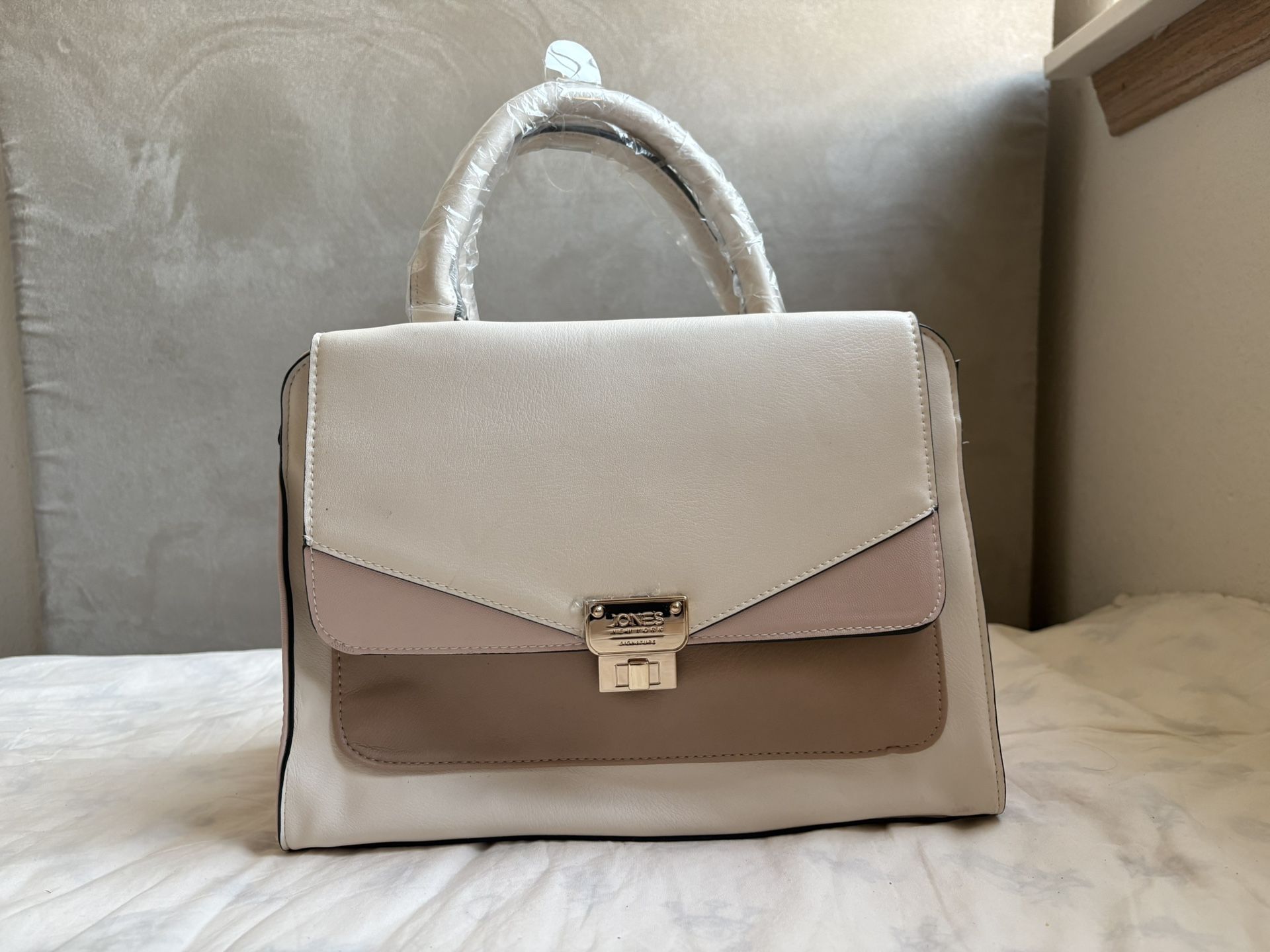 Jones New York Cream and Tan Satchel with Structured Silhouette