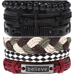2 x Set Adjust. Size up to 9.5inc Leather Bracelet, (Cross-Believe_1)