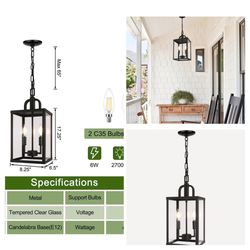 Large Outdoor Indoor Pendant Light 2-Light, Modern Black Metal Outside Chandelier Exterior Hanging Fixture Ceiling Mount with Clear Glass Shade for Fr