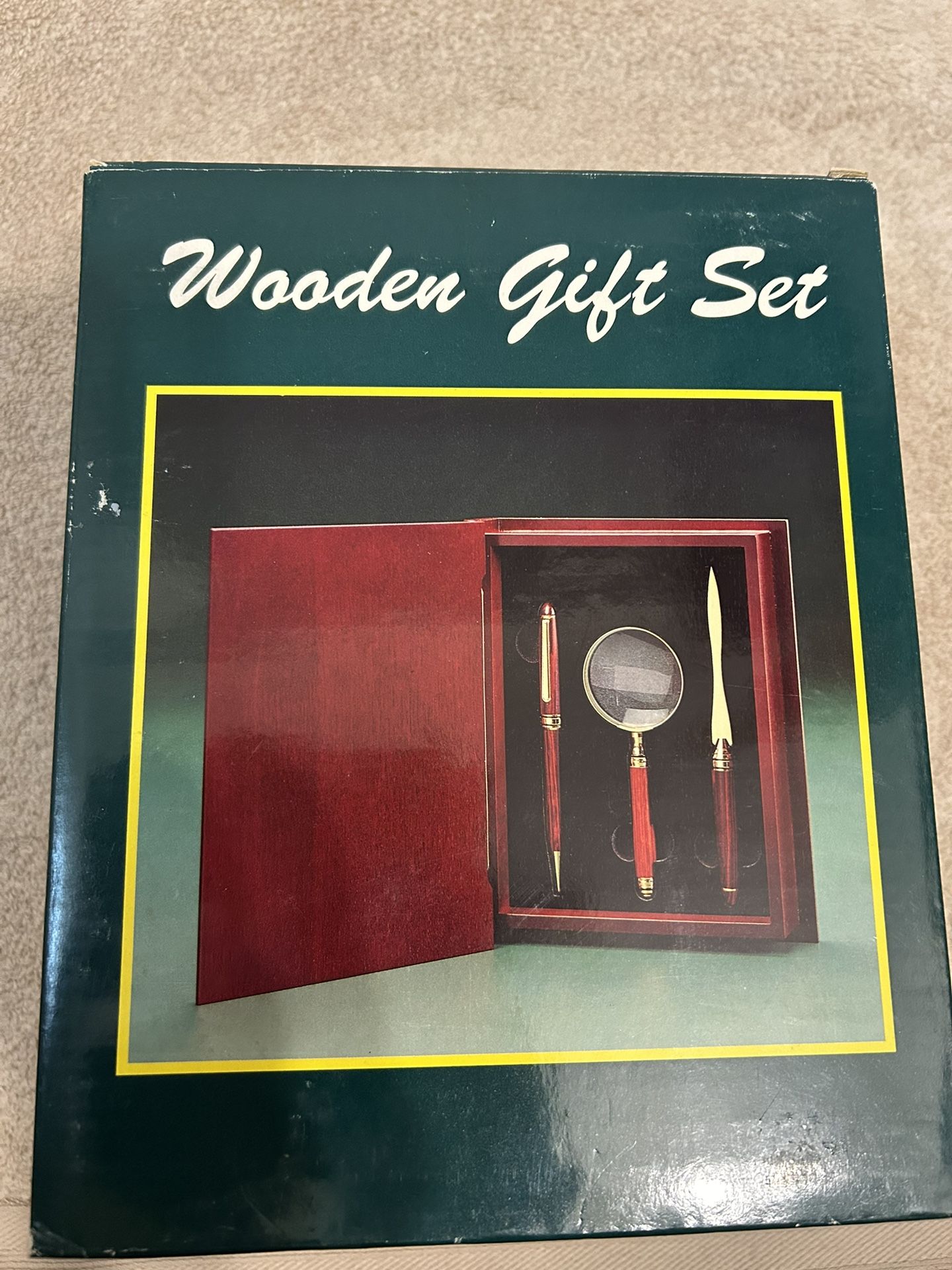 Wooden Gift Set Box, Includes Pen, Magnifier Glass, Letter Opener