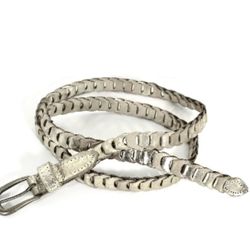 Metallic Silver Distressed Leather Chain Link Belt sz XXL-resizable 