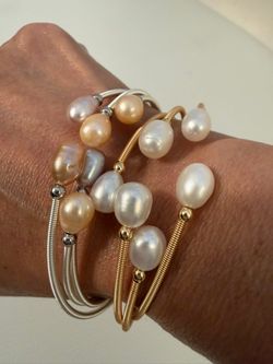Fresh water Pearl Bangle Bracelets Set Gold and Silver
