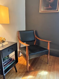 Vintage Mid Century Modern Wood Armchair Black Upholstery MCM Accent Chair