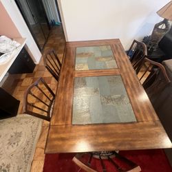 Wooden Dining Table With Stone And Chairs