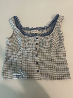Blue Plaid Lace-Trim Button Tank Top — Pacsun