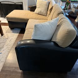 2-Piece Brown Sectional Sofa w/ Chaise – Faux Leather Arms – Good Condition