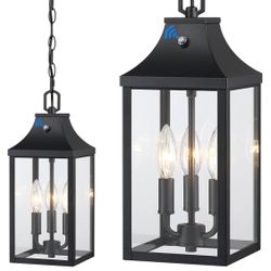 Large Outdoor Pendant Light Fixtures 3-Light, 15'' Dusk to Dawn Exterior Hanging Lantern Porch Light Adjustable, Black Hanging Lamp Farmhouse Exterior