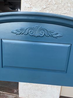 Blue Painted Wood Headboard with Carved Detail