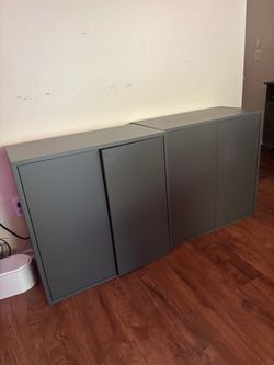 Two Grey Cabinets with Shelves