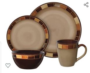 Brand New 16 pc. Stoneware dinnerware set and stainless steel flatware