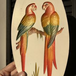 Vintage Parrot Wall Hanging Plaque 11.5" X 6" Mid Century Tropical Revival Decor Art Palm Beach Style Hand Painted Collectible 