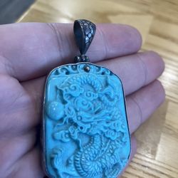 Large hand, car, turquoise, Chinese, dragon, vintage pendant, beautiful silver turquoise