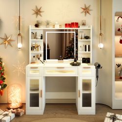 Makeup Vanity With Mirror And Lights, Glass Top With 3 Rgb Drawers, 2 Large Ribbed Tempered Cabinets, Outlet, For Bedroom, White