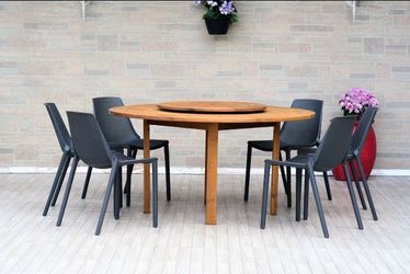 BRAND NEW Lazy Susan 7 Piece 100% FSC Solid Hardwood Patio Dining Set | Round Table + 6 Gray Chairs | All-Weather | Delivery Available