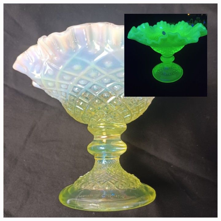 Fenton Signed (3) Generation Edition Collection Opalescent Topaz Uranium Vaseline Glass Compote Candy Dish