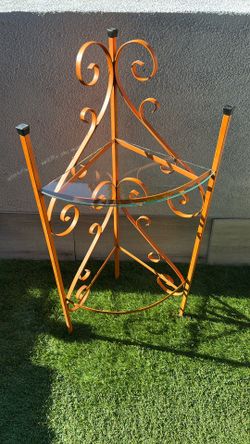 MCM Plant Stand Wrought Iron Orange With Glass Shelf