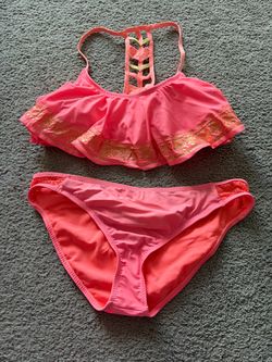 BRAND NEW Hot Pink Breaking Waves Padded Top Bikini w/ Gold Accent