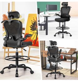 Drafting Chair, Tall Office Chair with 3D Lumbar & Head Support, Ergonomic Mesh Standing Desk Chair with Footring, Comfy Extended High Desk Chair with